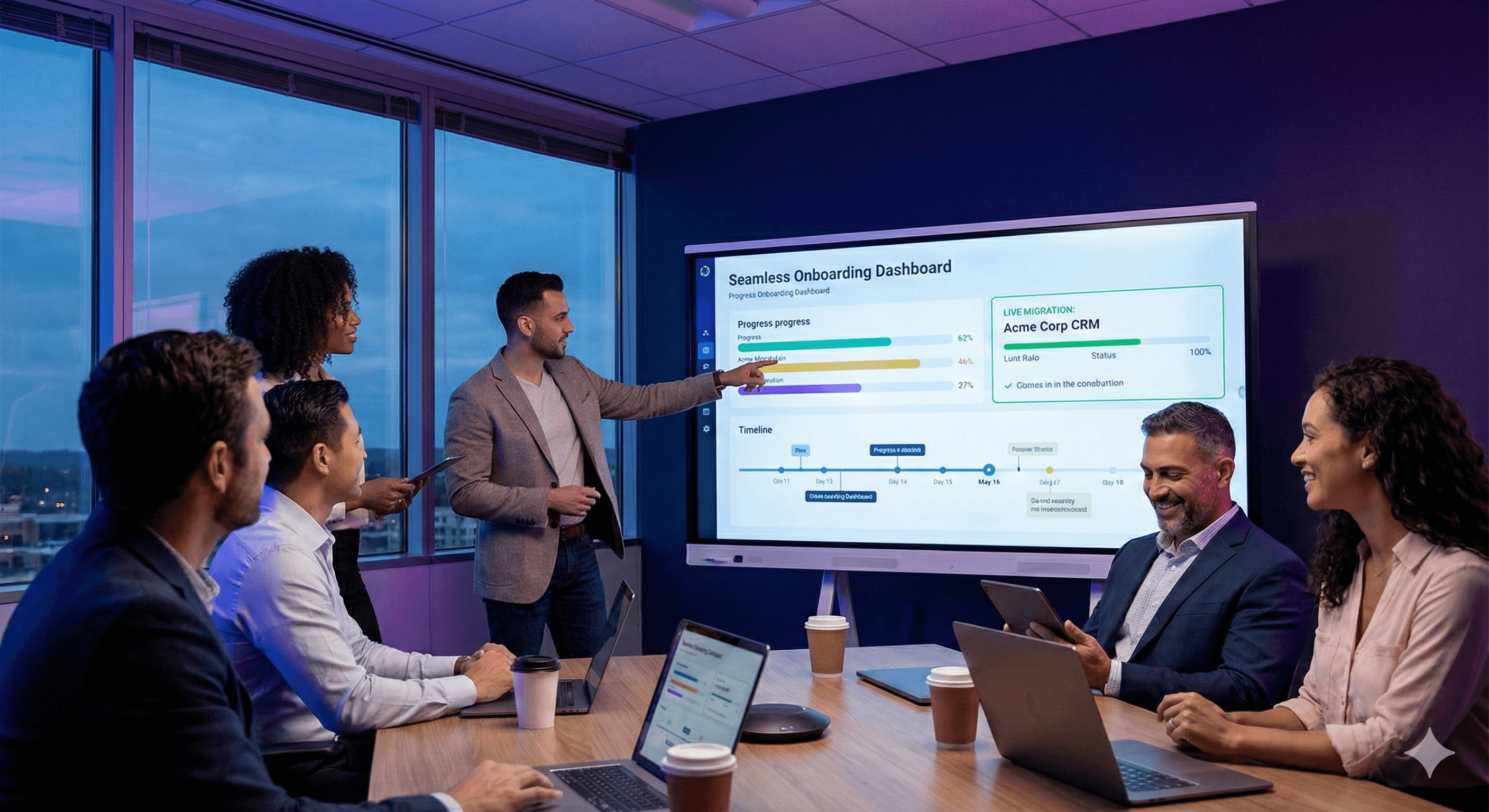 Team onboarding new client with digital dashboard and collaboration